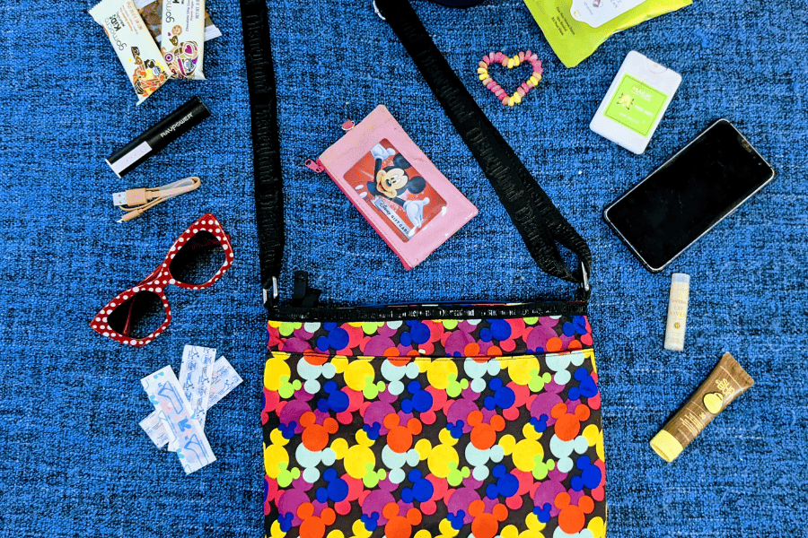 Disney bag with items needed for Disney Parks