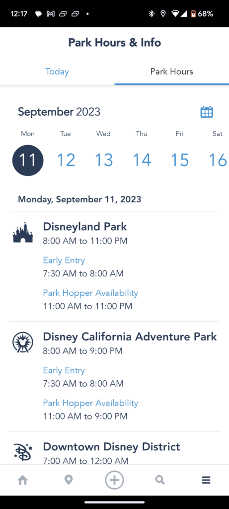 Disneyland Park Hours on Disneyland App