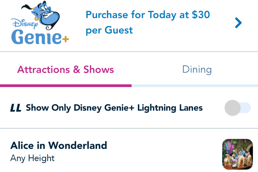 screenshot Disneyland Genie Plus on Disneyland App Lightning Lane selections