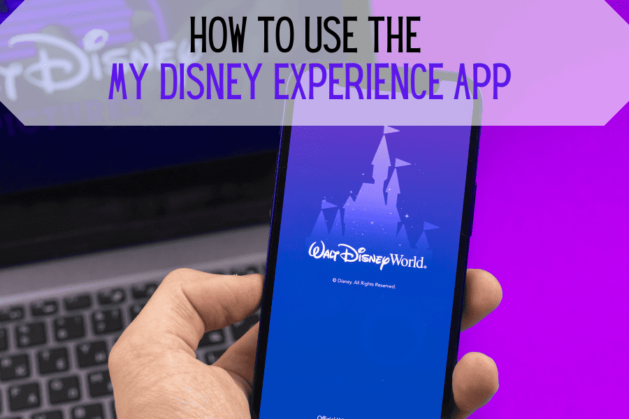 How to use the my Disney Experience App- title, person holding phone in front of computer