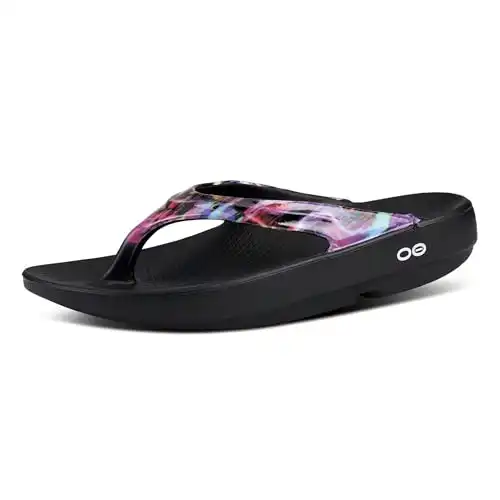OOFOS OOlala Luxe Sandal, Neon Rose - Women’s Size 7 - Lightweight Recovery Footwear - Reduces Stress on Feet, Joints & Back - Machine Washable - Hand-Painted Treatment
