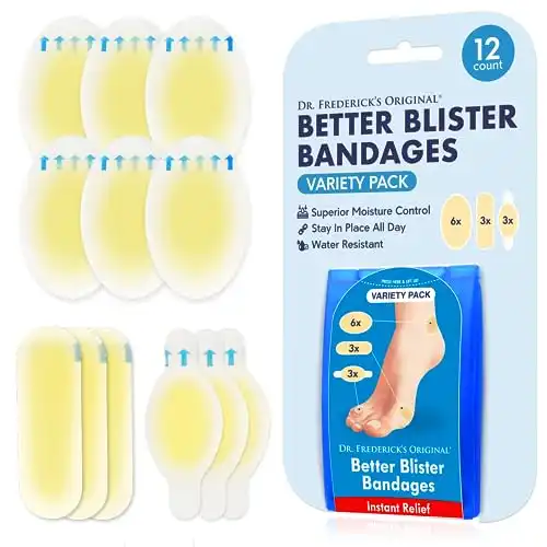 Dr. Frederick's Original Better Blister Bandages - 12ct - Water Resistant - 25% More Cushioning - Hydrocolloid Bandages for Foot, Toe, & Heel - Blister Pads for Prevention & Recovery - Va...