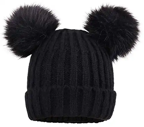 YoungLove Winter Faux Fur Pompom Mickey Ears Knitted Beanie Hat,Black