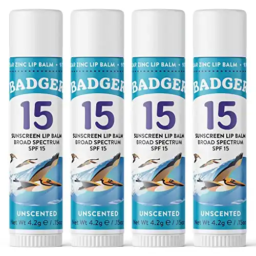 Badger Sunscreen Lip Balm SPF 15, Organic Mineral Sunscreen SPF Lip Balm with Zinc Oxide, Reef Friendly, Broad Spectrum, Water Resistant, Unscented, 15 oz (4 Pack)