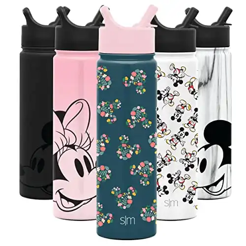 Simple Modern Disney Water Bottle with Straw Lid Insulated Stainless Steel Metal Thermos | Gifts for Women Men Reusable Leak Proof Flask | Summit Collection | 22oz Mickey Mouse Floral Riptide