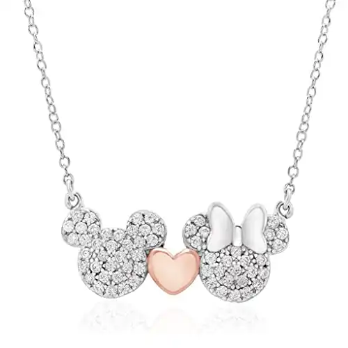 Disney Mickey and Minnie Mouse Sterling Silver Two Tone Cubic Zirconia Necklace with Pink Heart; Jewelry for Women, 18"