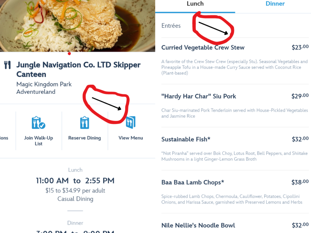 vegan food in magic kingdom my Disney experience app view menu