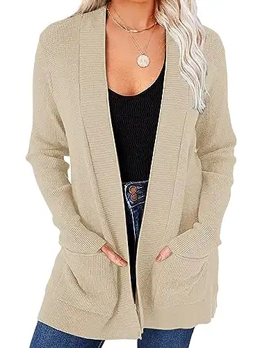 MEROKEETY Women's 2024 Fall Open Front Waffle Knit Cardigan Long Sleeve Cozy Knit Sweaters with Pockets, Apricot, Medium