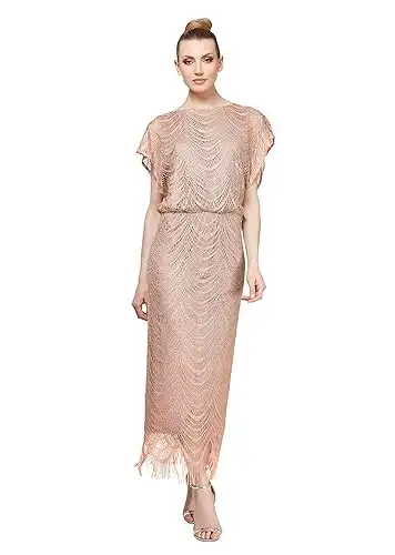 S.L. Fashions Women's Metallic Crochet Dress with Fringe Hemline