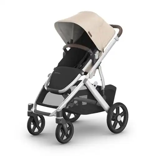 UPPAbaby Vista V3 Stroller - Full-Size Single-to-Double Stroller System - Toddler Seat, Bug Shield, Rain Shield, and Storage Bag Included - Declan (Oat Mélange/Silver Frame/Chestnut Leather)