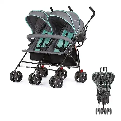 Volgo Twin Umbrella Stroller in Mint, Lightweight Double Stroller for Infant & Toddler, Compact Easy Fold, Large Storage Basket, Large and Adjustable Canopy